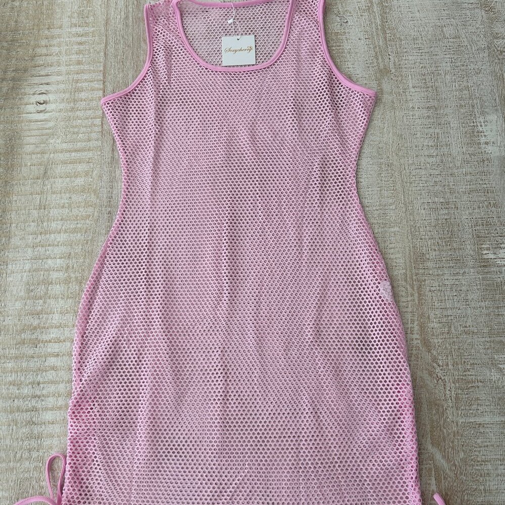 Sexycherry Pink Mesh Sleeveless Beach Cover-up Dress w/Bows Medium NWT*